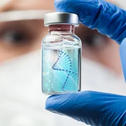 lab technician holding a vial of blue liquid with a visible DNA strand illustrating the concept of next-generation sequencing versua Sanger Sequencing