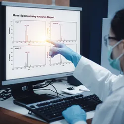 female reseacher examining mass spec data illustrating the differences between tandem mass spec and triple quadrupole MS