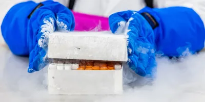 Hands in heavy gloves hold a container of sample tubes partly open