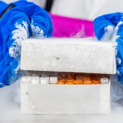 Hands in heavy gloves hold a container of sample tubes partly open