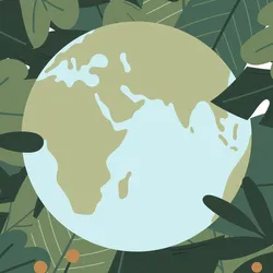 Illustration of Earth surrounded by lush green leaves, symbolizing lab sustainability and eco-friendly practices.