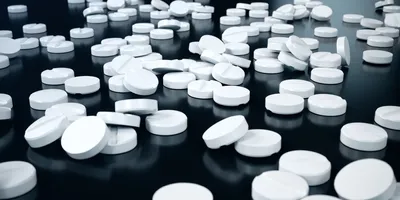 Scattered white over-the-counter pain relief tablets on a dark surface, linked to improved concussion recovery.