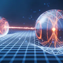 3D render of qubits sitting on a 2D plane with a connection between them