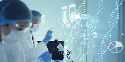 Scientists doing cell and gene therapy research work in a lab with holograms of DNA helixes projected in front of them