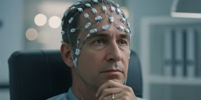 middle aged man with eeg sensors on his head looking thoughful. researchers are curious about the role of EEG in mind reading