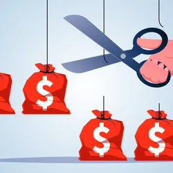 Illustration of a hand holding scissors cutting a string attached to a money bag, symbolizing budget cuts