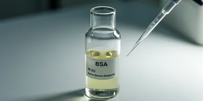 a vial of bovine sereum albumen (BSA) solution a clear yellowish liquid