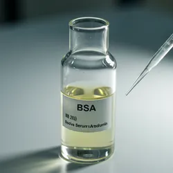a vial of bovine sereum albumen (BSA) solution a clear yellowish liquid
