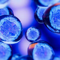3D computer image of blue cells against a white and purple background