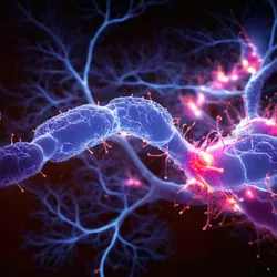 3D computer image of neurons along neural pathways firing, illuminating pink