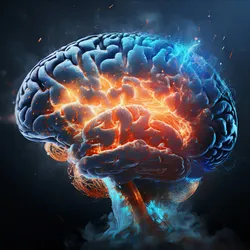 Digital illustration of a brain with electric and fiery activity, symbolizing cognitive impact of type 2 diabetes.