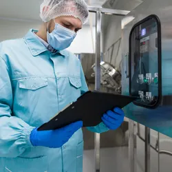 Lab technician in protective clothing inspecting temperature control equipment, recording data on a clipboard for 21 CFR Part 11 compliance and monitoring.