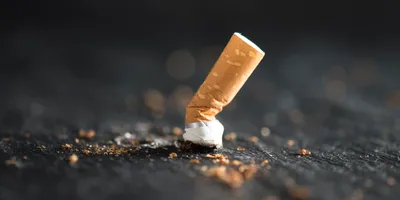 a cigarette butt crushed out on a brick surface. Cigarette butt bricks may be an environmental solution to this waste problem