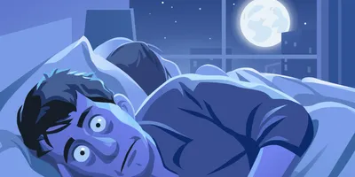 image of the moon through a bedroom window with a sleepless man in bed suggesting that the full moon may affect sleep patterns