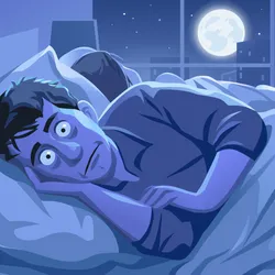 image of the moon through a bedroom window with a sleepless man in bed suggesting that the full moon may affect sleep patterns