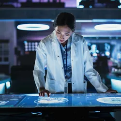 laboratory researcher working at a digital tabletop in an ultramodern lab illustrating the idea of incorporating AI technology into lab workspaces