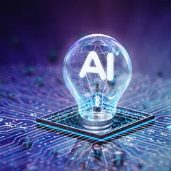 I lightbulb with the letters AI witin it displayed on a circuit panel style background illutrating the idea artifical intelligence in managment and knowledge work