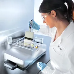 Female scientist using a multichannel pipette