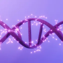 Digital illustration of a DNA double helix strand in purple, surrounded by glowing interconnected nodes, representing advancements in DNA mutation research and genetic analysis.