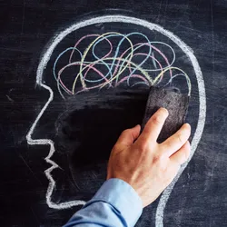 A hand erasing the brain from a head shape drawn on blackboard, signalling new research about mind blanking, including insights from their own work observing people's brain activity.