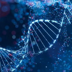 Abstract digital representation of DNA strands illuminated with glowing blue particles, symbolizing the intersection of next-generation sequencing (NGS) technology and emerging cyber-biosecurity threats.