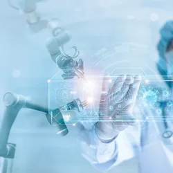Scientist operating futuristic AI interface with robotic arm and microscope in a high-tech lab.