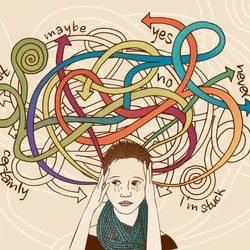 Illustration of a person overwhelmed by tangled arrows labeled with uncertain decisions and emotions.