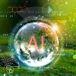 Visual representation of AI in laboratories, highlighting green labs and lab sustainability through digital chemistry icons, automation, and eco-friendly technology.
