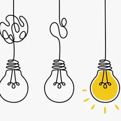 Illustration of a five lightbulbs with progressively less tangled cords; the final bulb has a straight cord and is illuminated, representing problem-solving