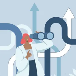 Illustration of a woman looking through binoculars with arrows pointing in various directions behind her, representing leadership through ambiguity