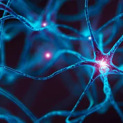 3D render of blue neural pathways with neurons that glow slightly pink