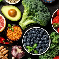 Fresh fruits and vegetables like broccoli, avocado, berries, and spinach that support a healthy gut microbiome.