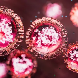 3D computer render of red measles viruses