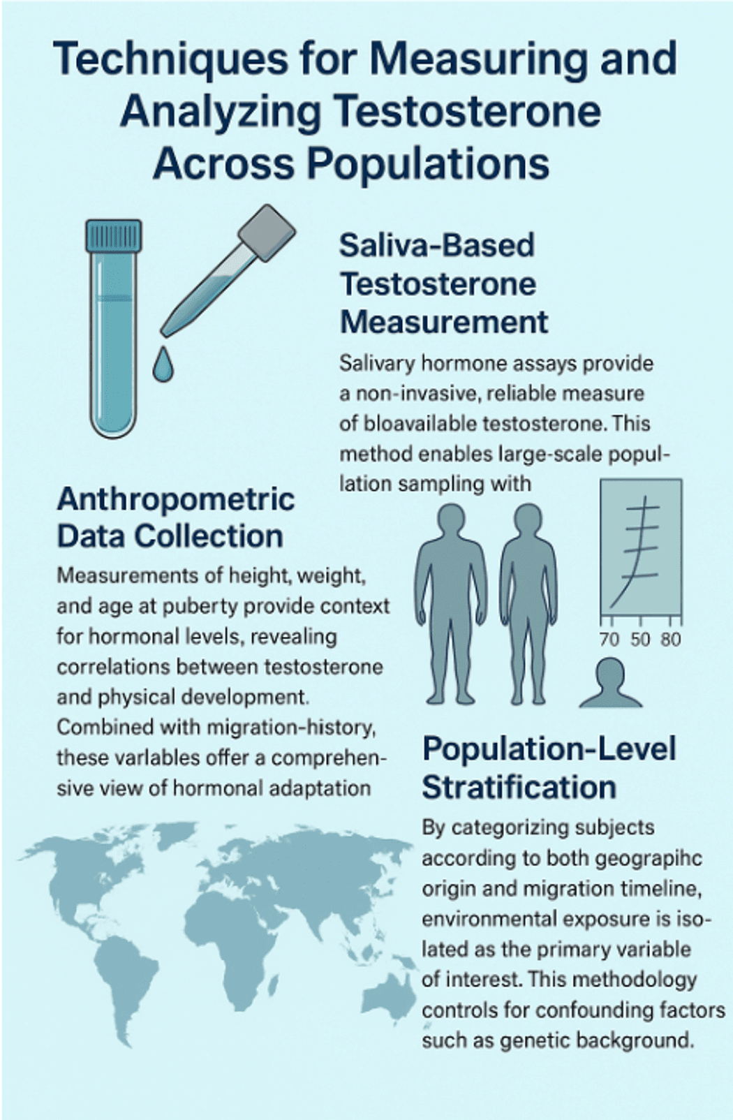 Infographic describing and showing images of techniques for measuring and analyzing testosterone levels across populations.