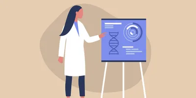 Cartoon drawing of a female scientist performing a poster presentation using scientific poster guidelines