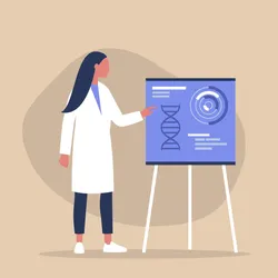 Cartoon drawing of a female scientist performing a poster presentation using scientific poster guidelines