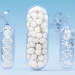 illustration of pharmaceutical capsules with different particles visible within, suggesting the importance op pharmaceutical particle size analysis
