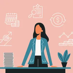 Illustration of a businesswoman evaluating data and finances related to lab equipment purchasing