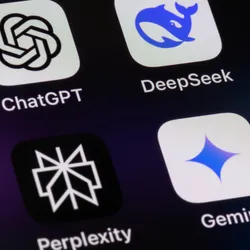A picture of a tablet computer with the icons for various leading AI chatbot applications displayed