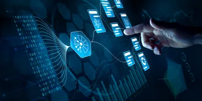 Businessman touching Virtual Screen with Decision-Making Tech