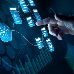 Businessman touching Virtual Screen with Decision-Making Tech