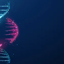 Futuristic digital illustration of a DNA double helix glowing in blue and pink, symbolizing gene therapy.