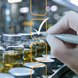 Gloved hand checking a digital checklist beside rows of sealed lab vials in a quality control lab.