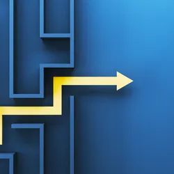 A gold arrow navigates through a maze, representing strategic thinking