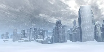 A frozen skyline with deep snow in the forground and cloudy sky illustrating what a possible little ice age might look like