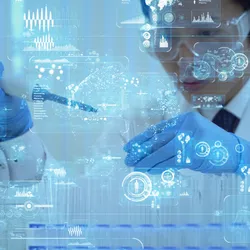 A scientist pipettes while digital holograms of various data points float in front of him, representing data automation and whole-lab data connectivity