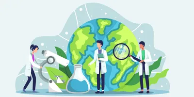 Illustration of scientists in front of the Earth