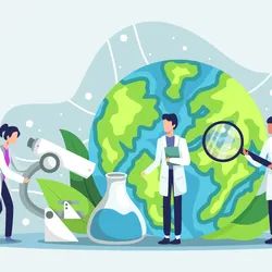 Illustration of scientists in front of the Earth