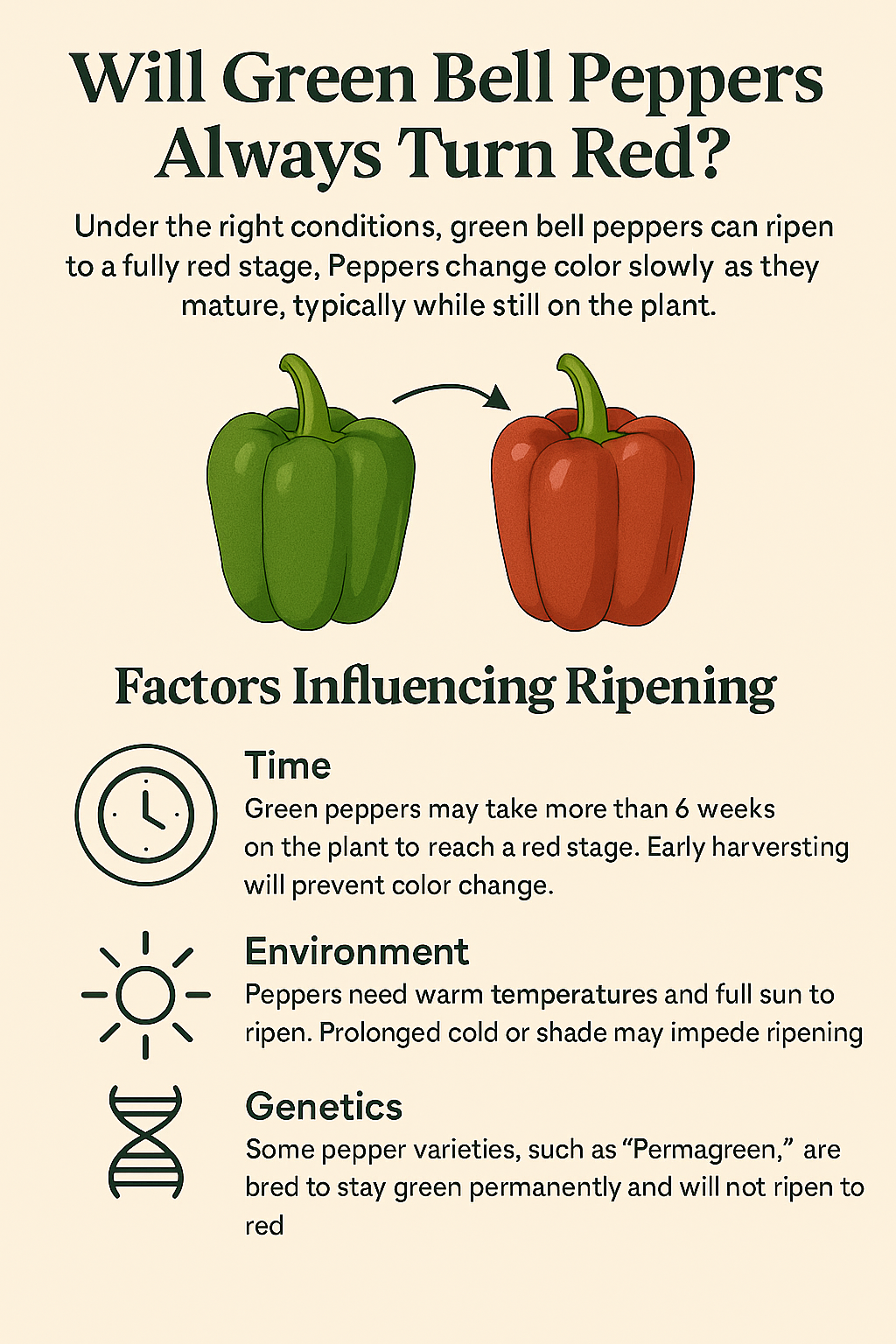 An infographic explaining the factors which can cause a green bell pepper to turn red. An infographic explaining the factors which can cause a green bell pepper to turn red.