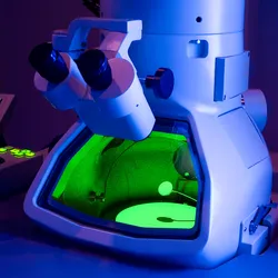 Electron microscope and control panels with illuminated green and blue safety indicators, illustrating essential safety protocols and equipment monitoring in a laboratory environment.